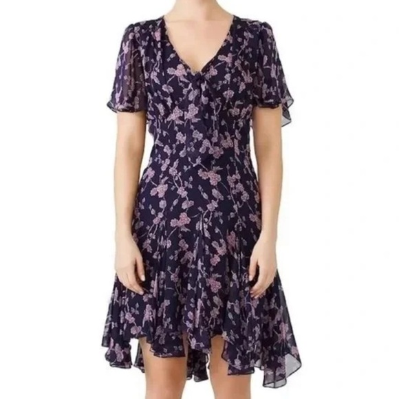 cinq a sept Dresses & Skirts - Cinq A SEPT Navy Silk Floral Mini Dress Swingy Handkerchief Flare Hem